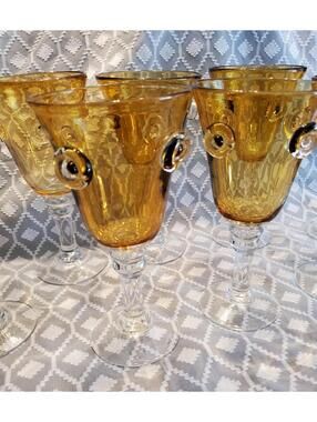 Vietri,vtg,amber Goblets With Molded Circles,Italian Made.6 goblets